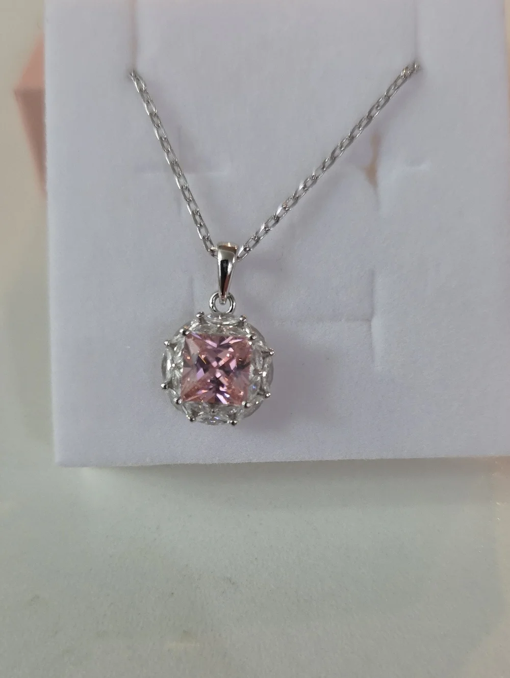 Pink Cushion-Cut Pendant Necklace in Silver Tone